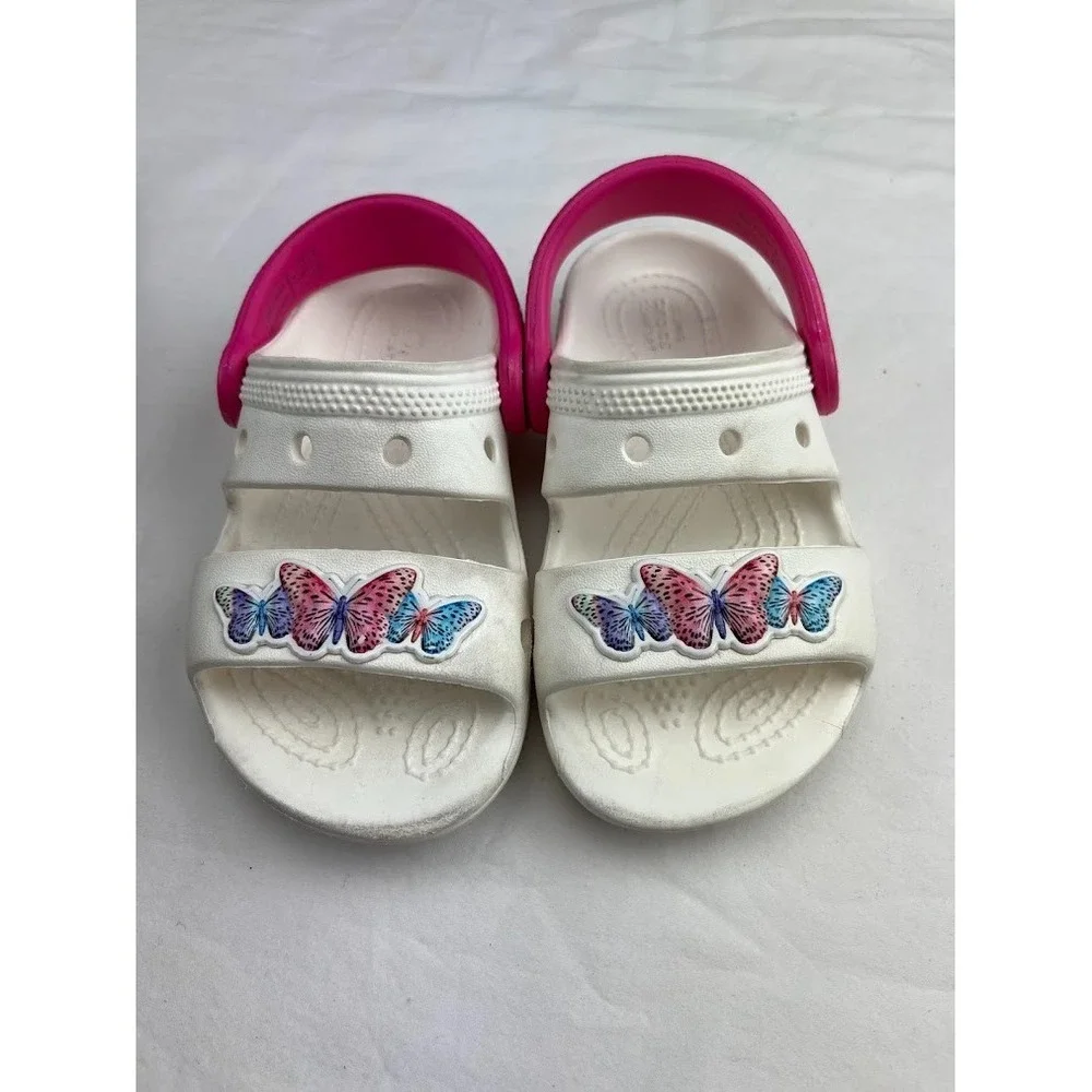 Crocs White Butterfly Sandals Girls Sz 8 Toddler Pink Purple Blue Shoes Slides